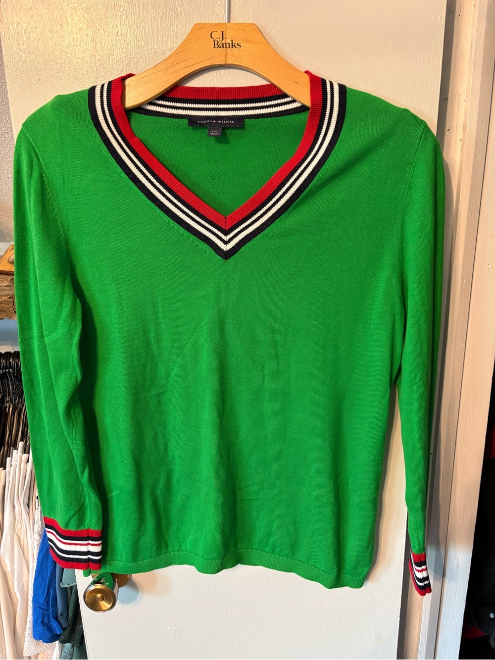 Tommy Hilfiger Bright Green Large V-Neck Sweater with Stripe Trim
